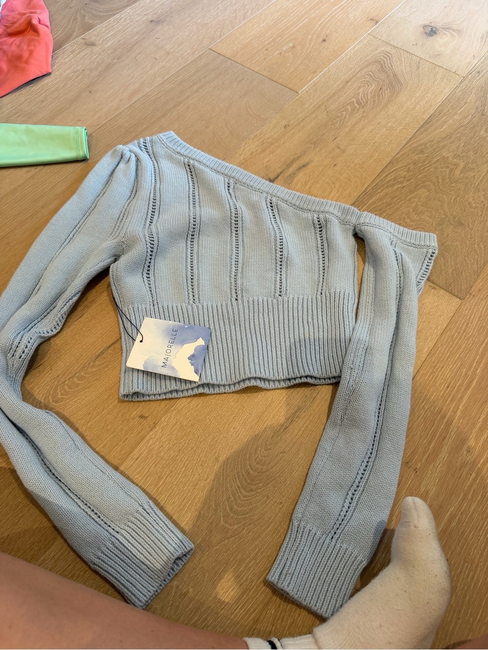 MAJORELLE Light Blue Off-the-Shoulder Knit Sweater